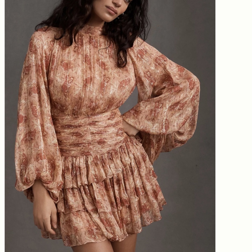 BHLDN Peach Floral Pintuck Mini Dress